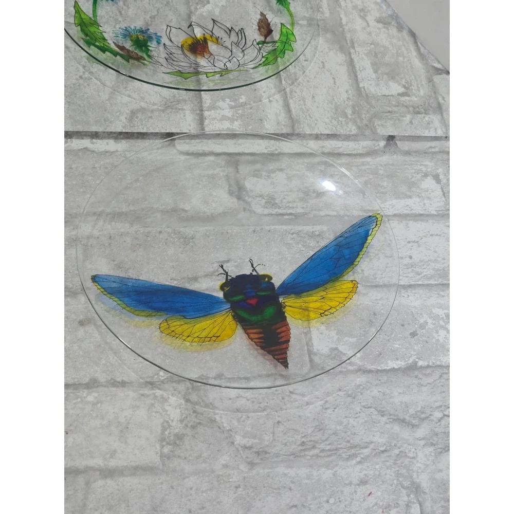 Hand painted‎ Signed Glass Salad Dessert Plates Reverse Floral Entomologist